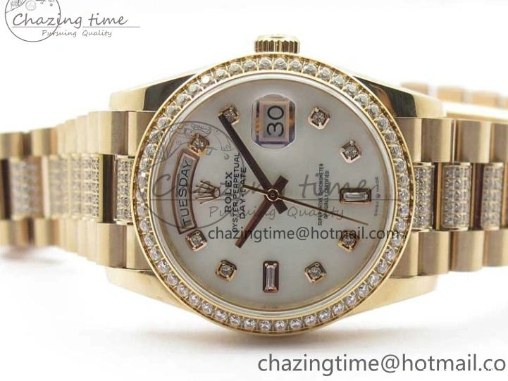 AAA Replica Watches on President A 2689 BP White ComfortFit Crystal Crystal Marker MOP RG Best Edition 128235 Dial Day-Date Bracelet RG 36mm 1218